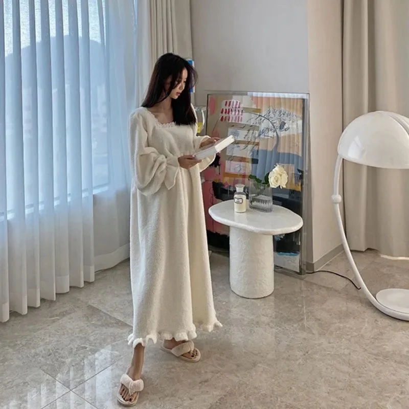 Pajama Long Dress Women\'s 2023 Autumn/Winter New Korean Version Loose and Warm Flannel Home Lazy Dress ins Commuter Solid Square