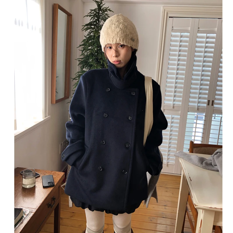 

Women's Woolen Coat Chic Double-breasted Cotton-lined Fall Winter New Sle Versatile Faionable Commute Thi Long Sve