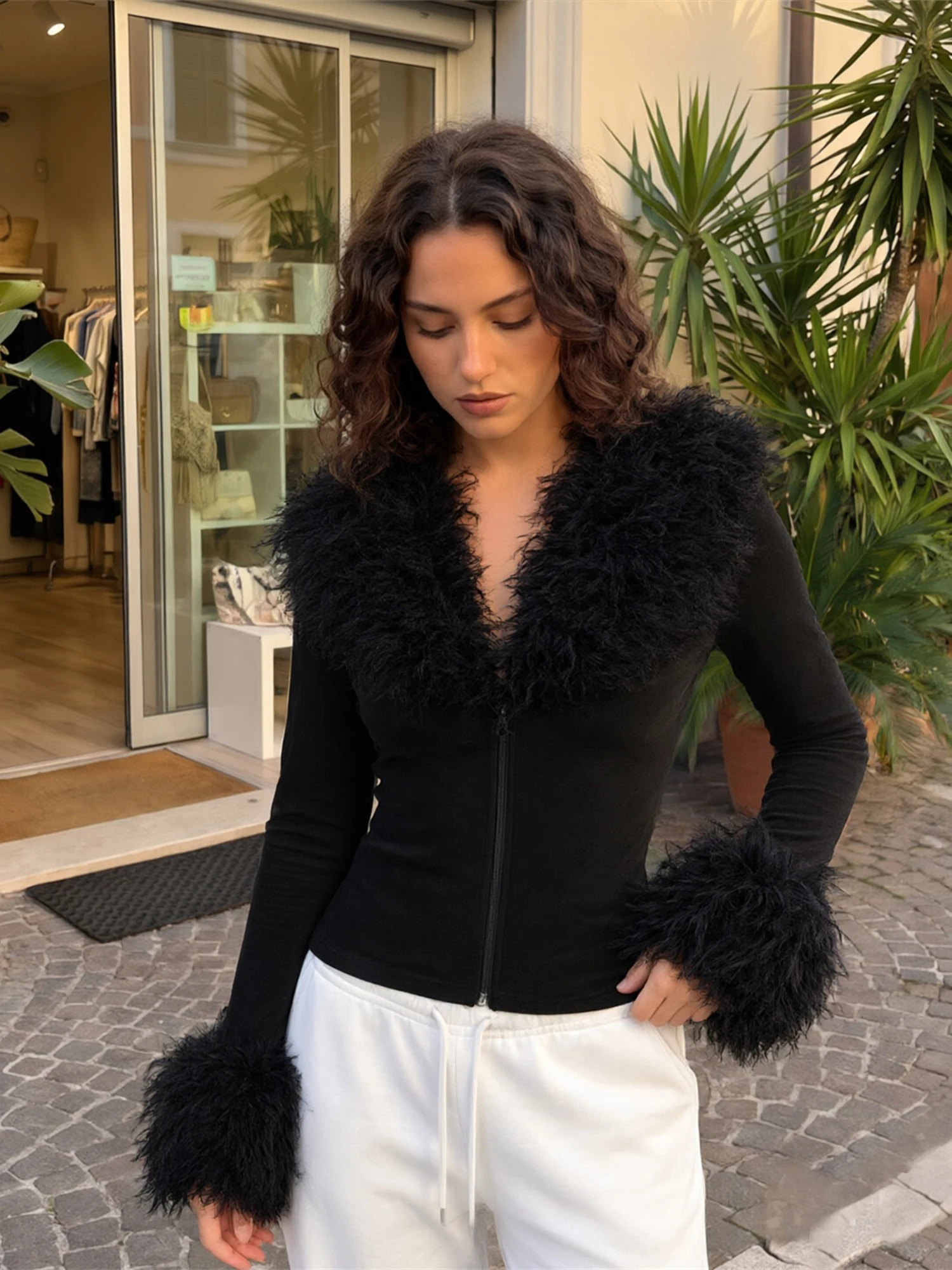 Faux Wool Long Zip Up Crop -Fit-Tops S Long V Neck  Faux Crop Jacket Compact Faux Wool Long Zip Up Crop