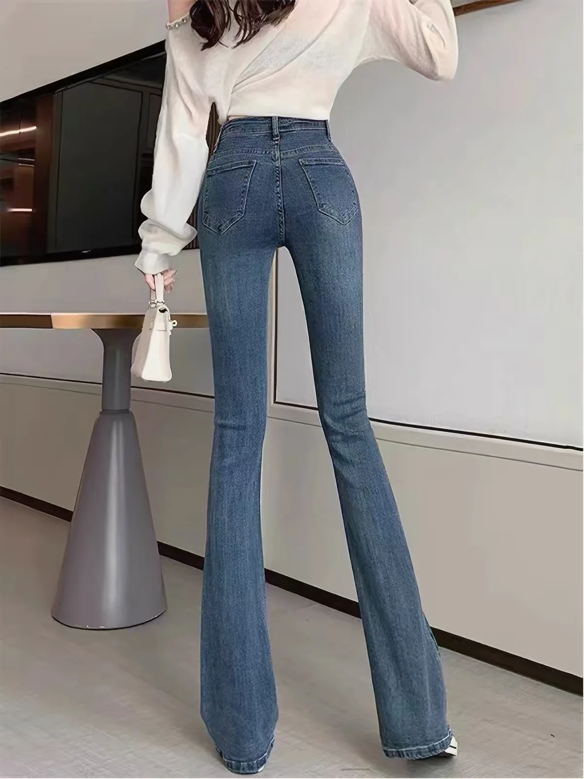 Slim Fit High Waist Bell Bottom Denim Jeans Women's Autumn New Style Korean Version Elastic Vintage Blue Floor Length Pants
