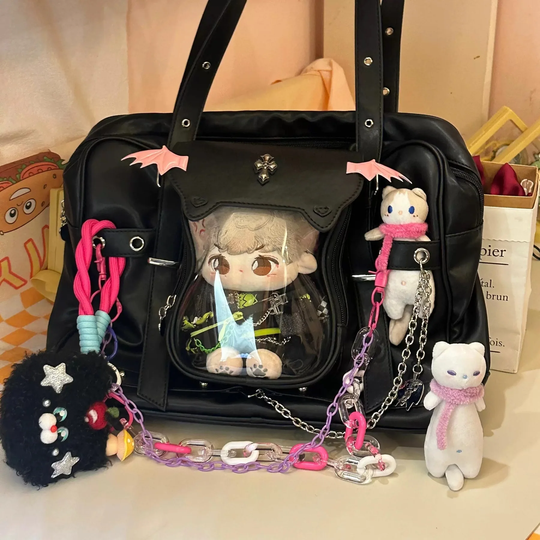 Y2K Black Ita Shoulder Bags Harajuku Girl Transparent Bag Fashion Women Large Capacity Casual Tote Bag Cute DIY Display Handbags