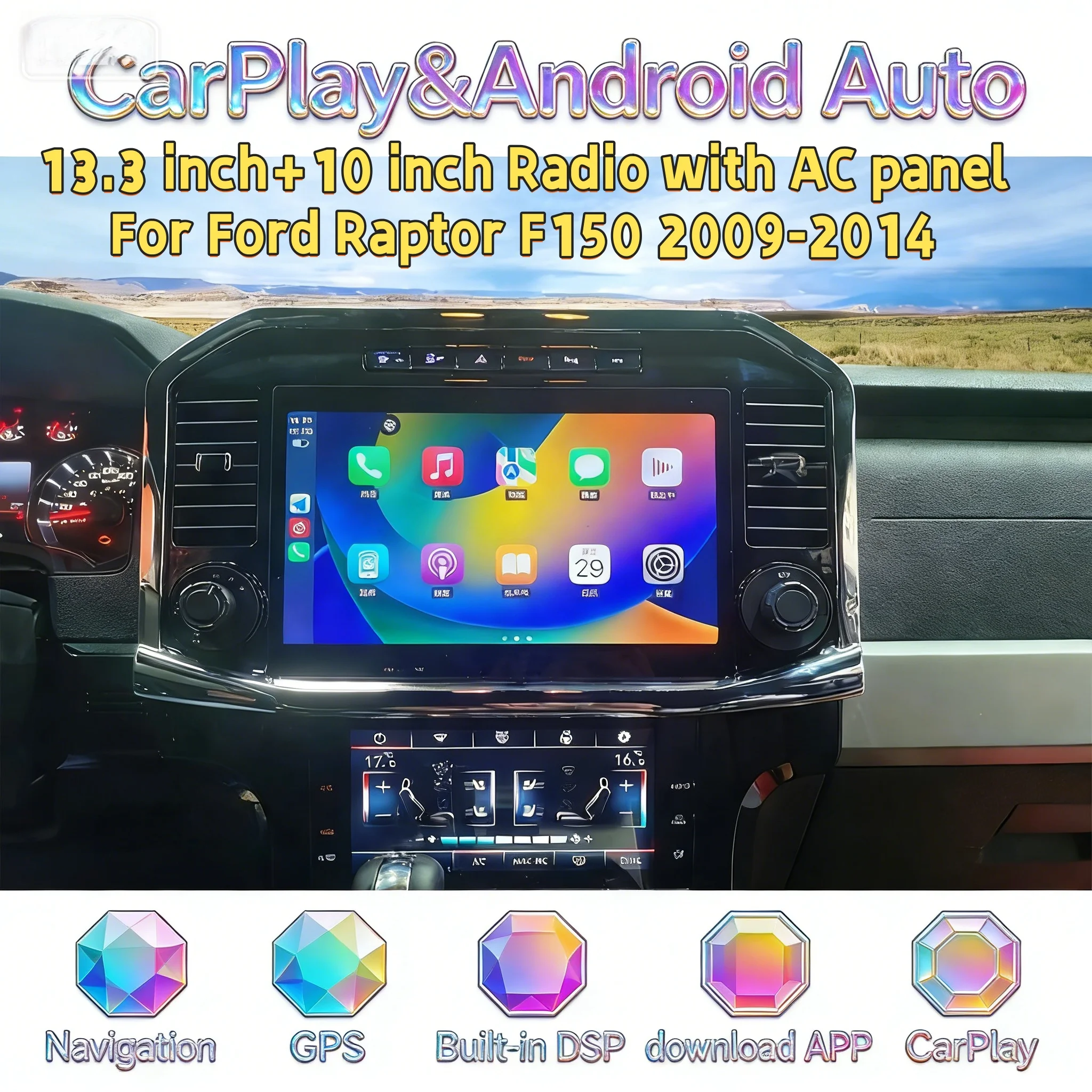 CarPlay Stereo with AC panel For Ford F150 2009-2014 Android Auto Multimedia Screen Player 4G Car Radio GPS Navigation Bluetooth