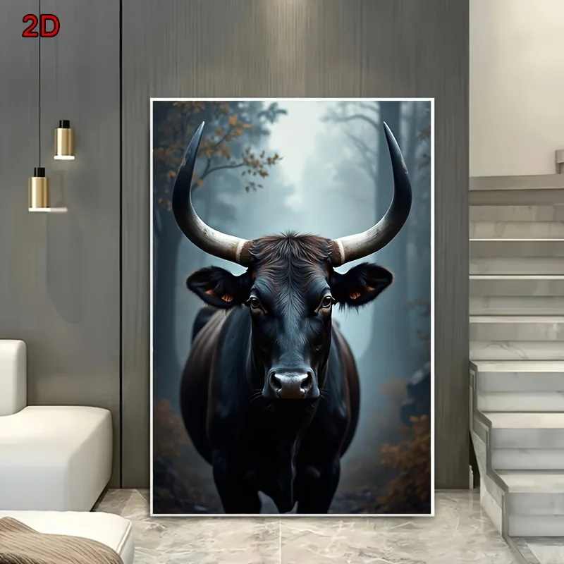2D Flat, A Pair of 2D Flat Printed Retro Art Prints of Black Bulls in a Mysterious Forest, Frameless Animal-Themed High-Definiti