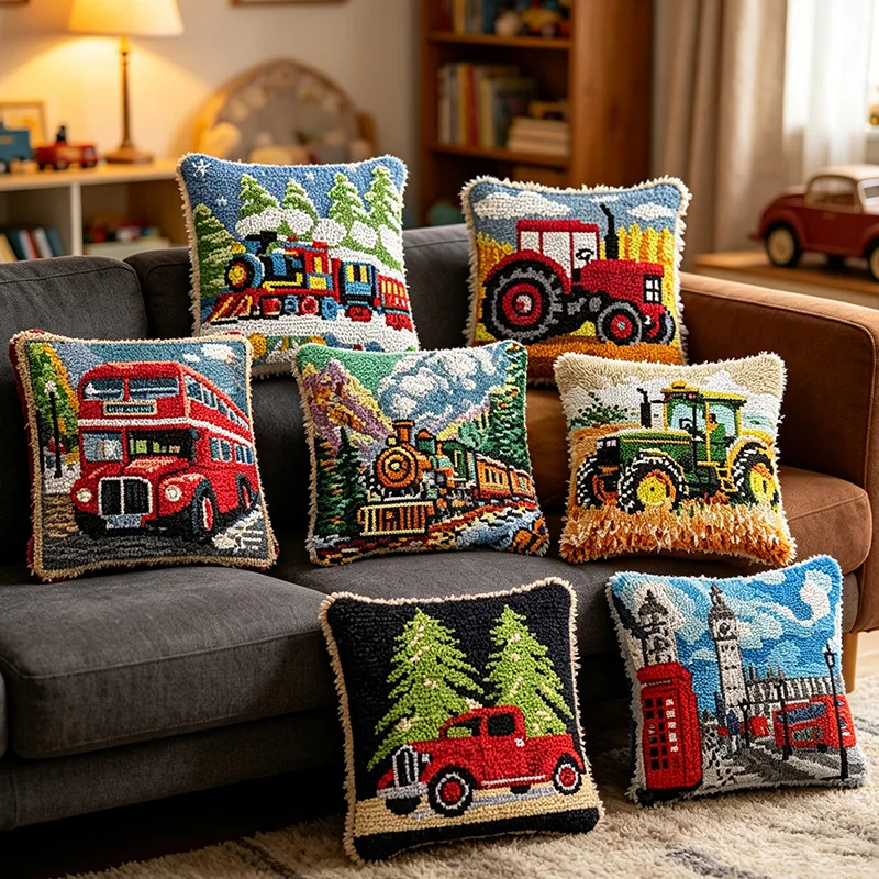 Vintage Hook Pillow Kit Steam Train Farm Tractor Retro Car Big Ben Telephone Booth Embroidery Cushion Cover Bedroom Sofa Decor