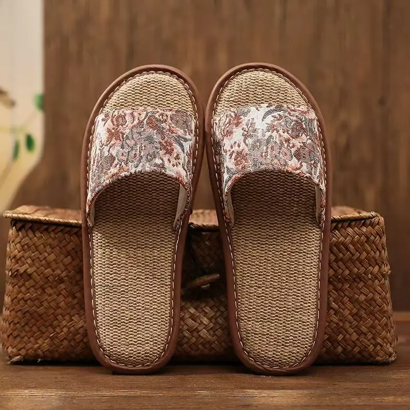 Men's One Word Print Linen Slippers Summer New Lovers Soft Sole Non Slip Lightweight Sweat Absorbing Home Slipper Silent Slipper