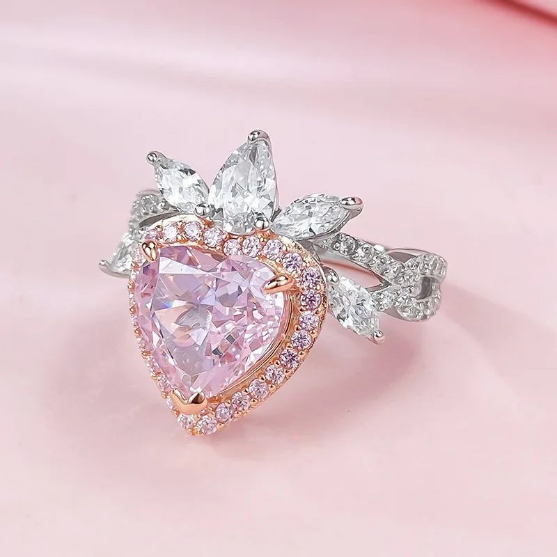 2023 New Imported High Carbon Diamond 9 *  Love shaped Pink  Ring for Women's Fashion Versatile Daily Style