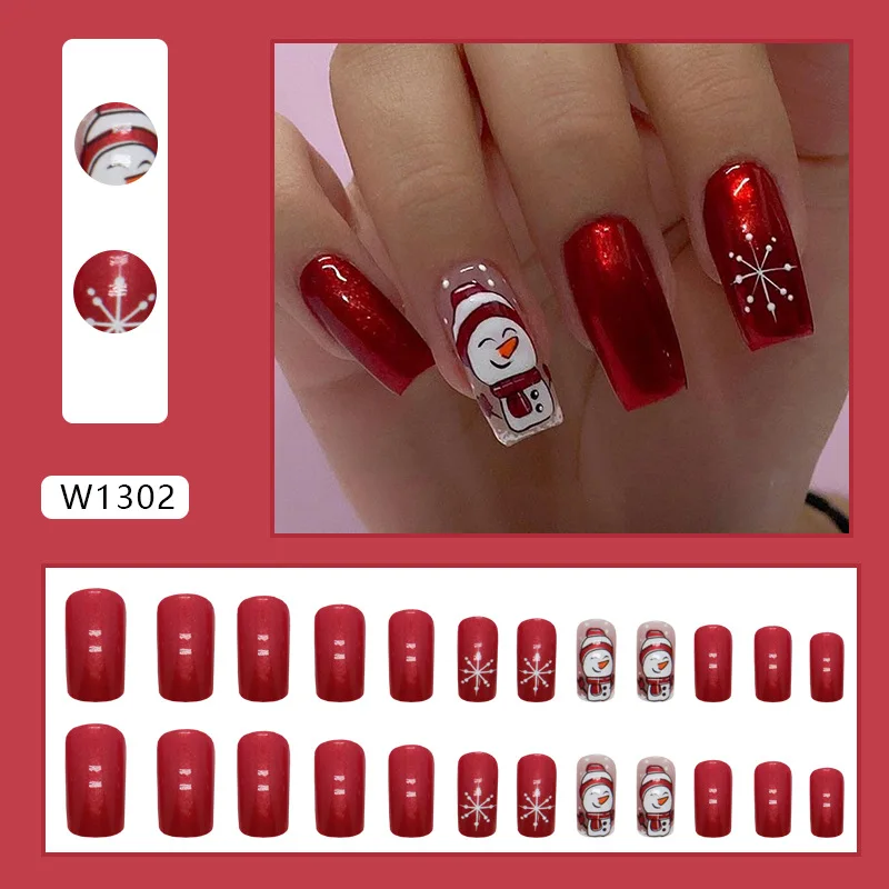 24pcs Aurora Red Christmas Press-On Nails - Snowman & Snowflake Design Long Square False Nails for Holiday Parties