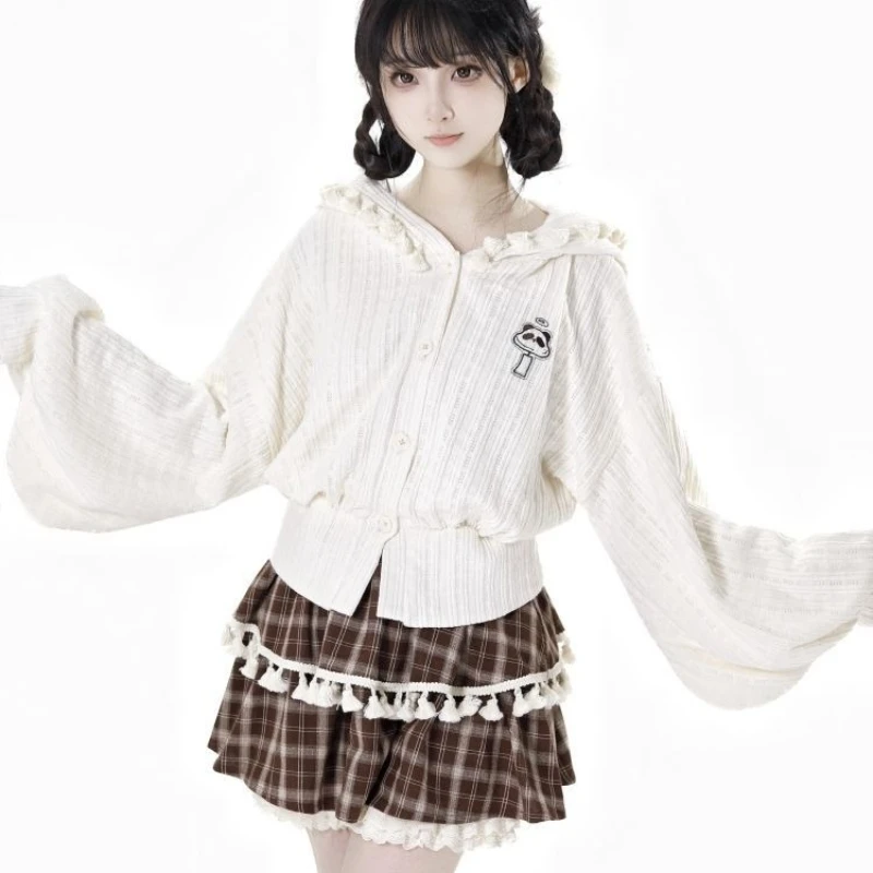 Kawaii Lolita Style 2 Piece Set Women Sweet Cute Cartoon Panda Knitted Hooded Coat Plaid Lace Mini Cake Skirts Harajuku Y2k Suit