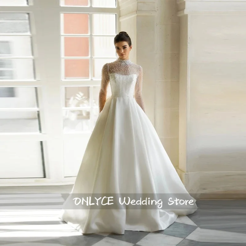 فساتين زفاف من الساتان الوهمي لعام 2026 للنساء برقبة عالية Lvory على شكل حرف a فستان العروس بطول التطهير من Vestidos De Noiva مخصص #2