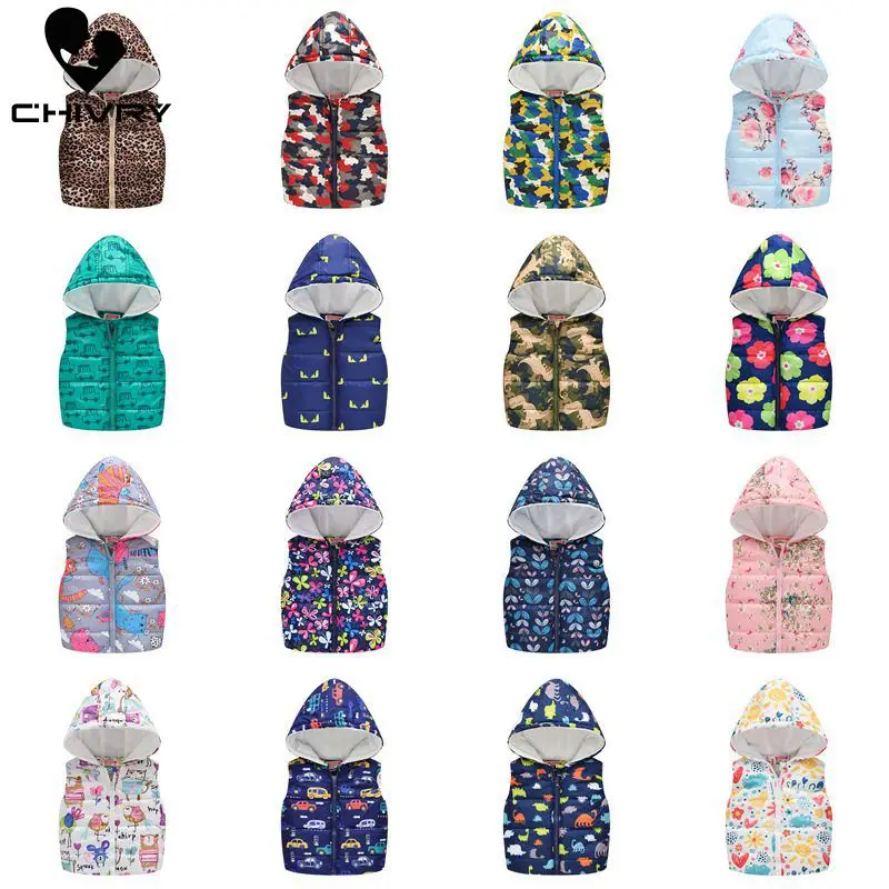 2022 Autumn Winter New Boys Girls Sleeveless Hooded Wool Vest Jacket Cartoon Print Coat Kids Warm Cashmere Vest Outwear Clothes