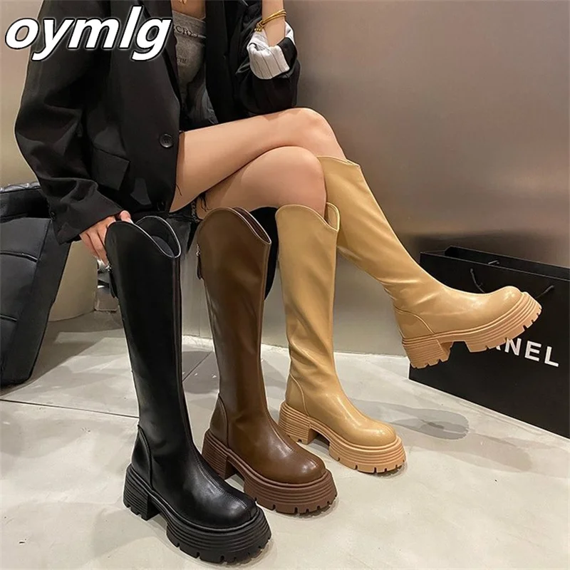 

Soft Leather Long Boots Women's Thick Heel Knight Boots2023New Elastic Knee Length Single Boots Fashion Thick Sole Women's Boots
