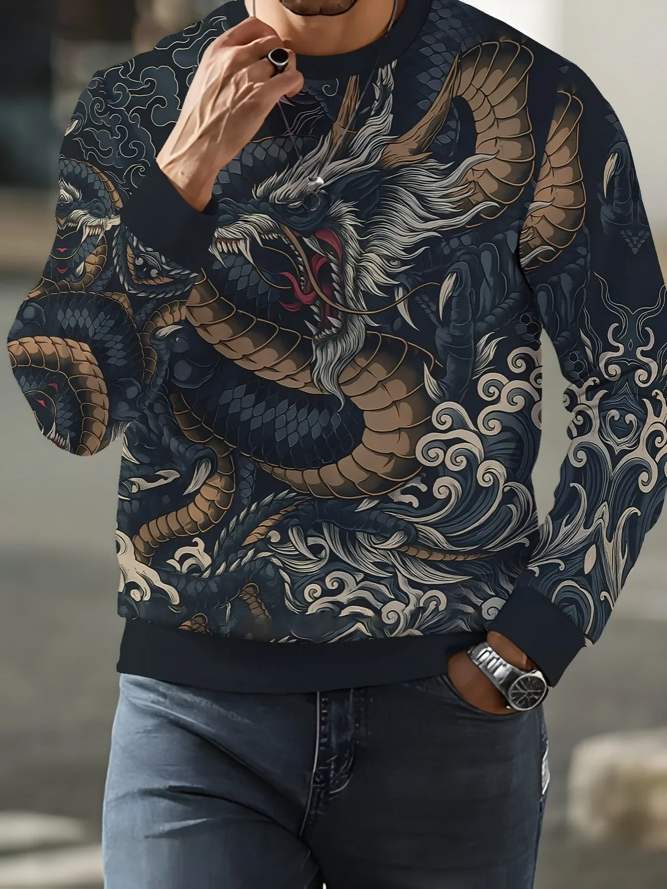 New Trendy Dark Creature Unisex Crew Neck Sweatshirt, Loose Fashion Pullover For Night Out Travel Festival Street Outfit