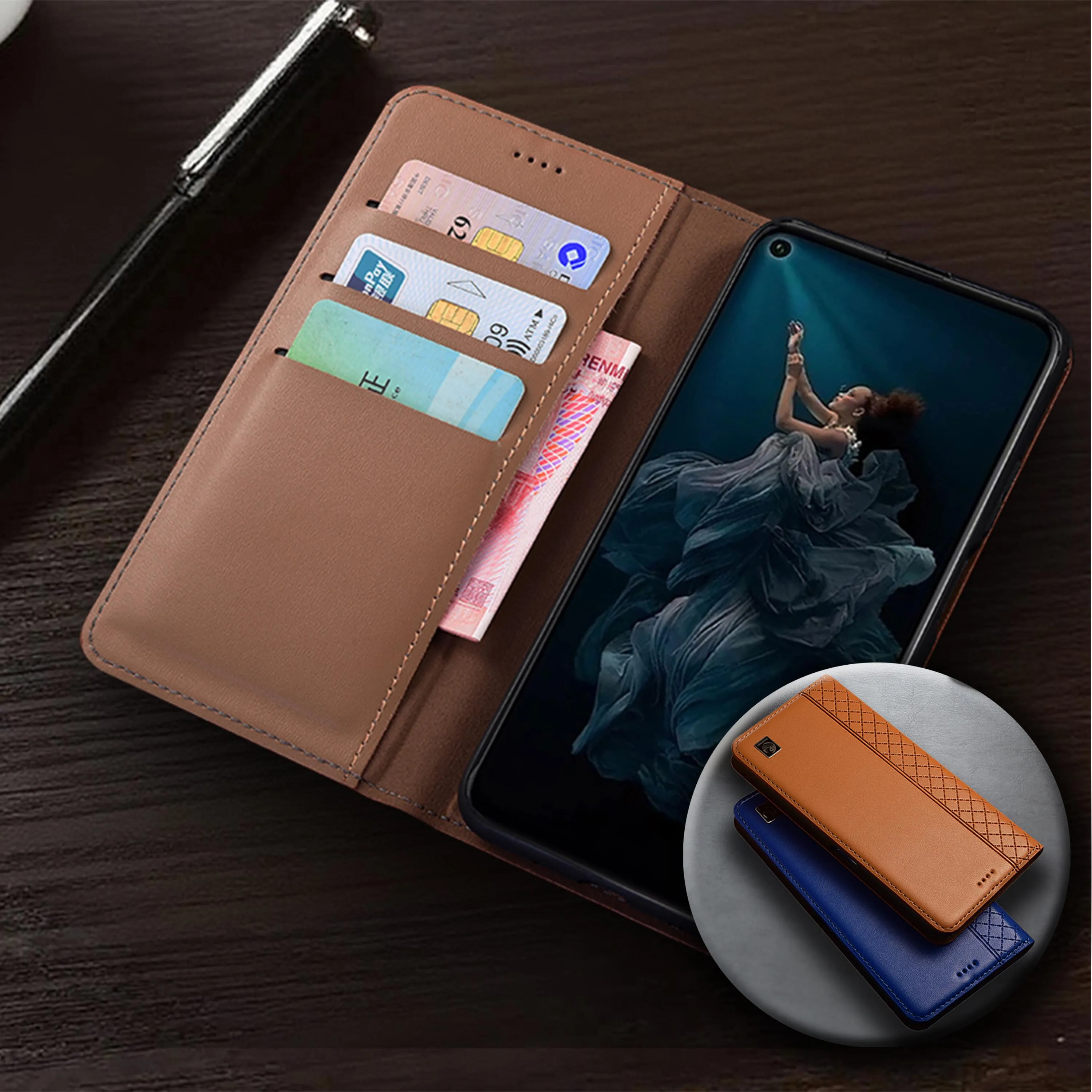 

Napa Inner Grid Genuine Leather Flip Case For Honor 70 80 90 100 200 300 400 SE GT Pro Plus Lite Ultra Wallet Phone Cover Cases