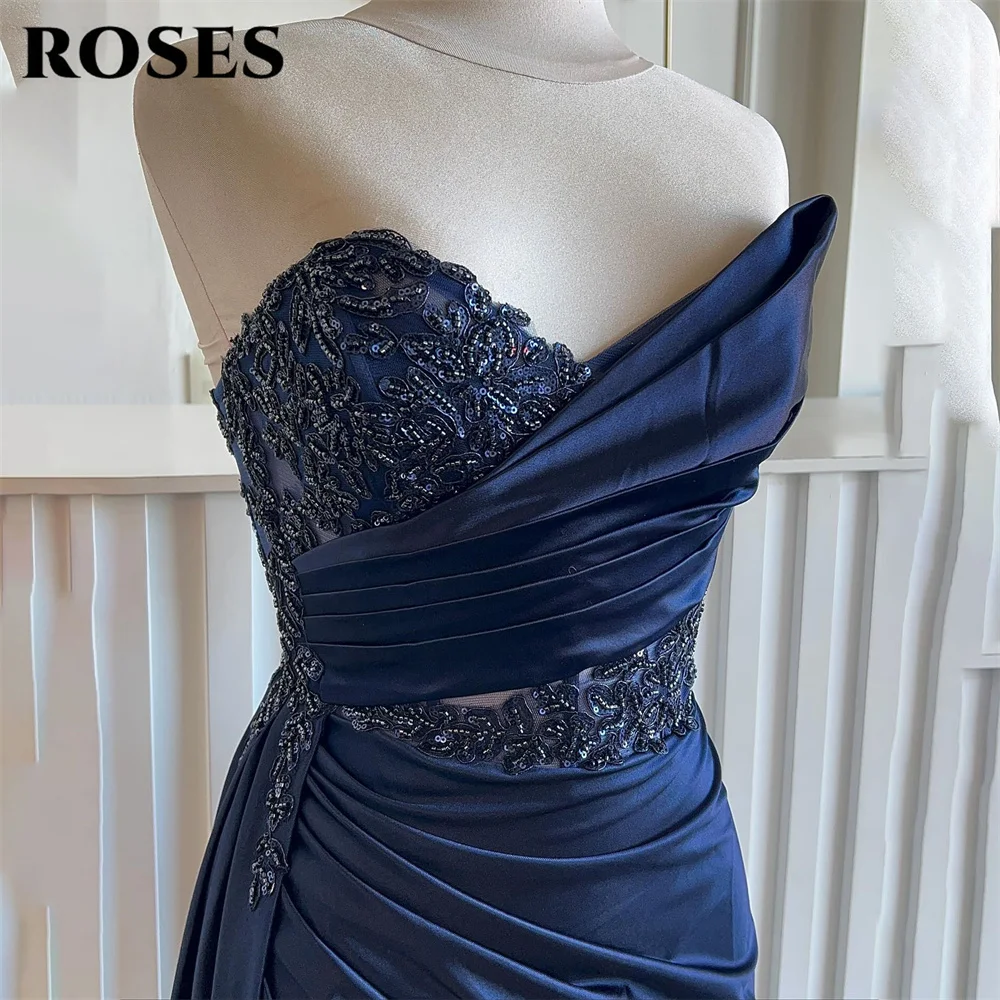 

ROSES Navy Blue Prom Dresses with Lace Bodice Evening Dresses Sleeveless Party Dress Ruffled Trailing Robe De Soirée Customized