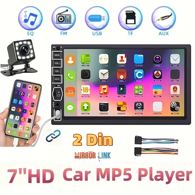 مشغل MP5 للسيارة عالي الدقة مقاس 7 بوصات مع راديو ستيريو للسيارة 2 Din، شاشة لمس عالية الدقة، كاميرا احتياطية 12 LED، USB، بطاقة SD، راديو FM، Double Din