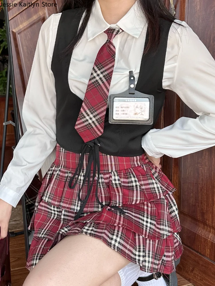 Japanese Kawaii School Uniform Women Autumn Korean Cute College Girl Cosplay JK Uniform Long Sleeve Shirt and Plaid Skirt Set