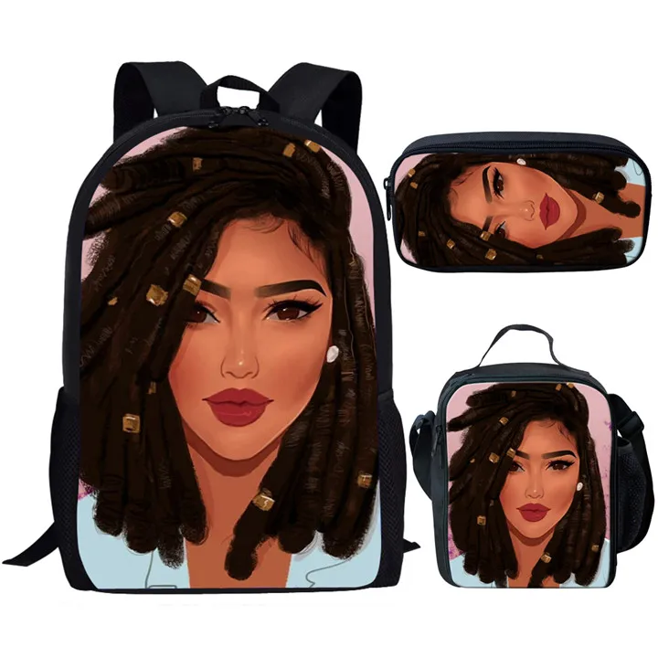 Meninas africanas 3D Print School Bags, Popular e Criativo, Novidade, Aluno, Mochila para Laptop, Mochila, Lunch Bag, Lápis, 3pcs por conjunto