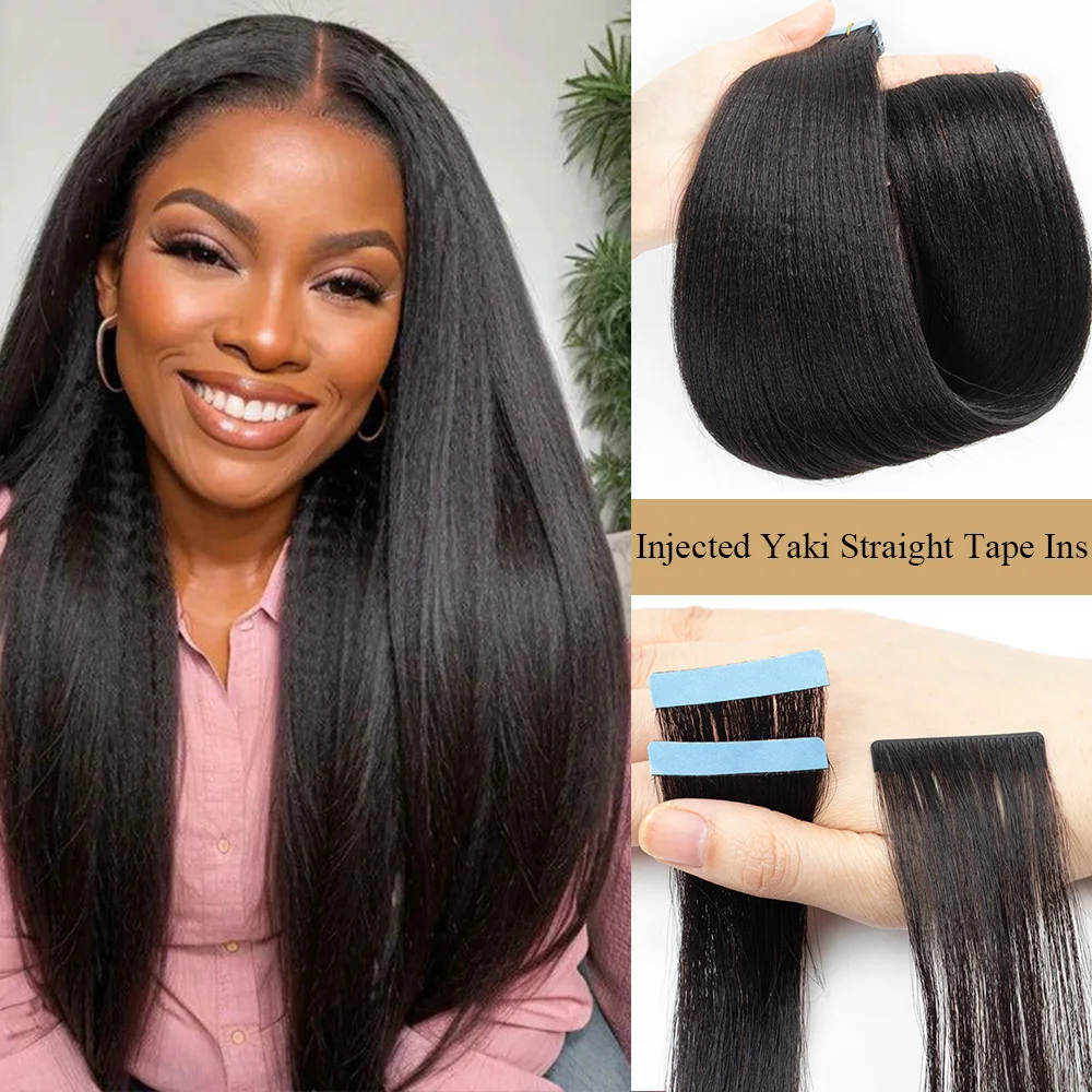 

12-24" Light Yaki Straight Invisible Tape In Hair Extensions Human Hair Natural Black PU Skin Weft Injected Tape Ins Hair 20pcs