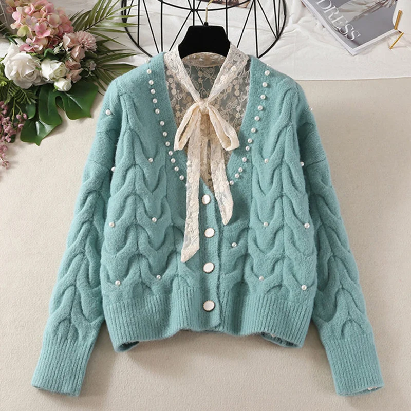 

Sweet Knitted Beaded Cardigan Women Fall Winter V-Neck Fashion Korean Sweater Loose Casual Solid Wild Female Jumpers Outwear