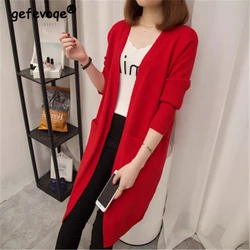 Spring Auutmn Women Korean Simple Solid Loose Long Sleeve Tunic Knitted Cardigan Coat Casual V Neck Pocket Female Sweater Jacket