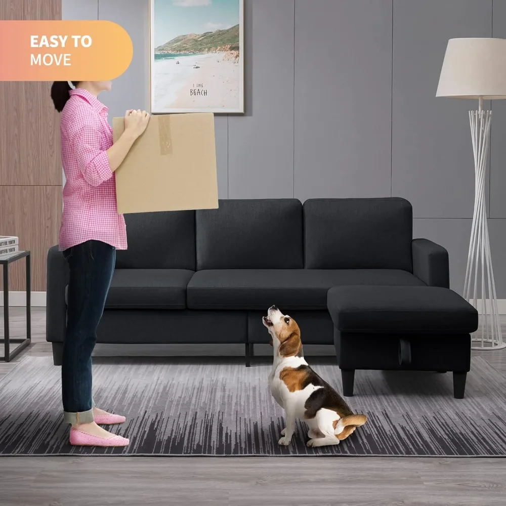 Современный трансформируемый секционный диван с пуфом для хранения вещей, маленькая льняная ткань, подвижный пуфик, свободный комбинированный диван L-образной формы, пространство