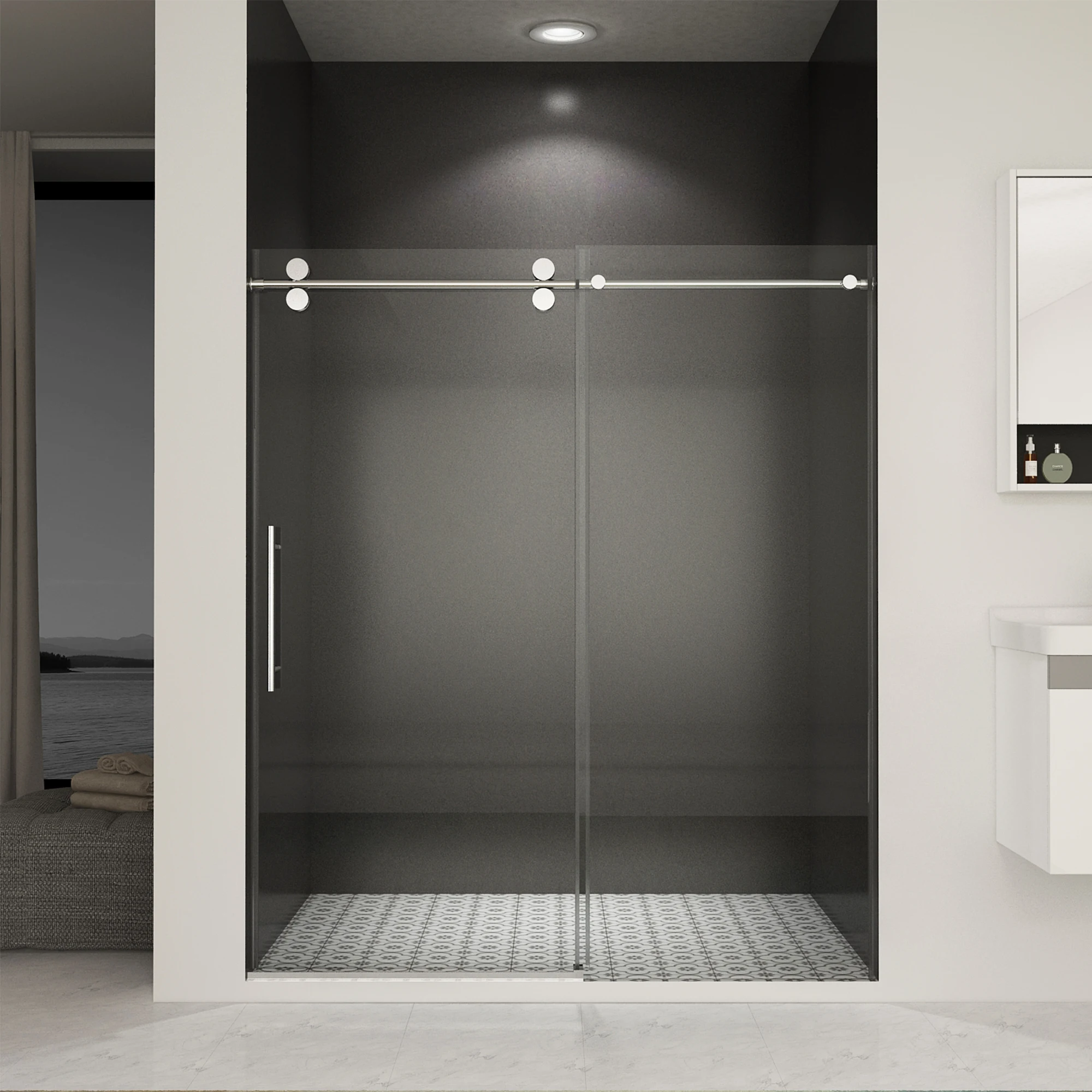 56- 60inch Width X 76inch High Frameless Sliding Shower Door, Glass Door with 0.39inch (10 mm) Transparent 3C Tempered Glass, Stainless Steel Hardware, Chrome