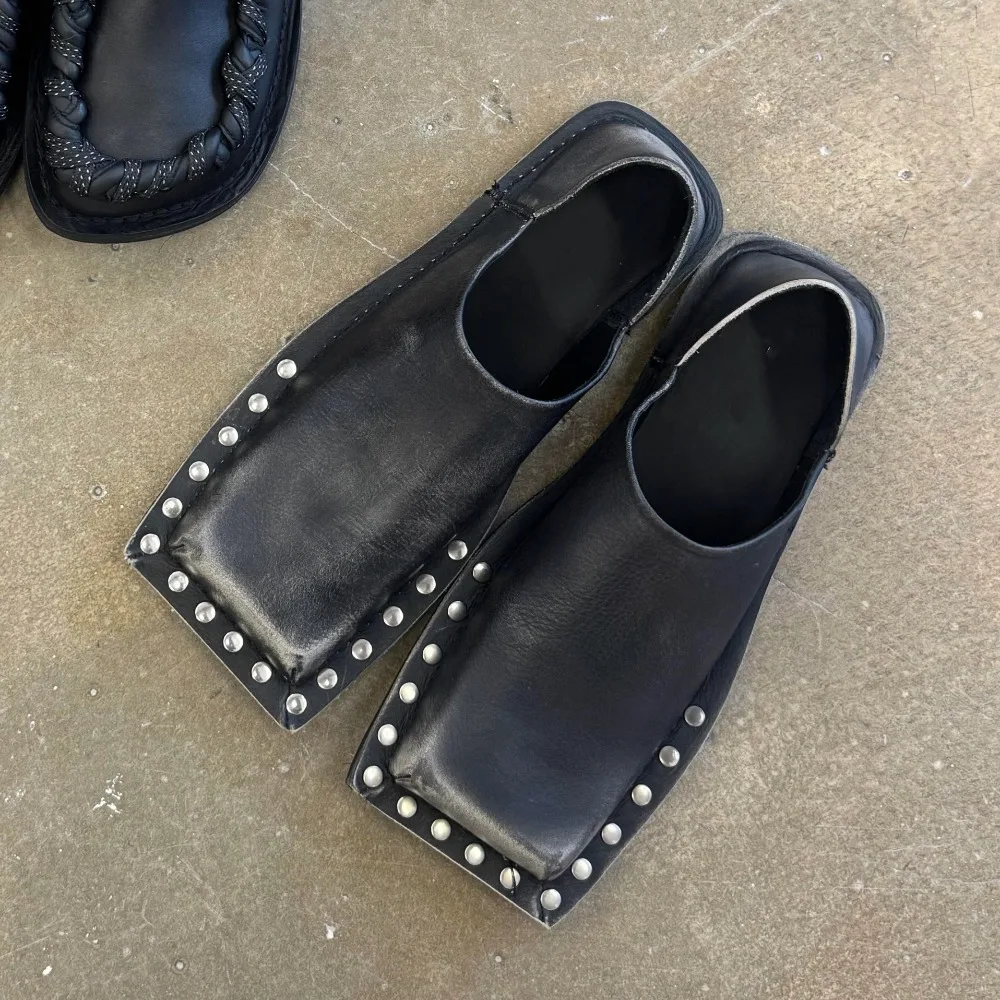 Vintage Studded Rivet Genuine Leather Loafers Punk Unisex Slip-On Derby Shoes Women's Square Toe Flat Casual Mule Shoes