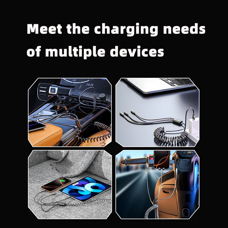 كابل بيانات تلسكوبي زنبركي ثلاثي من النوع C بسحب واحد لسهولة اللف وتخزين مريح لكابلات الشحن السريع