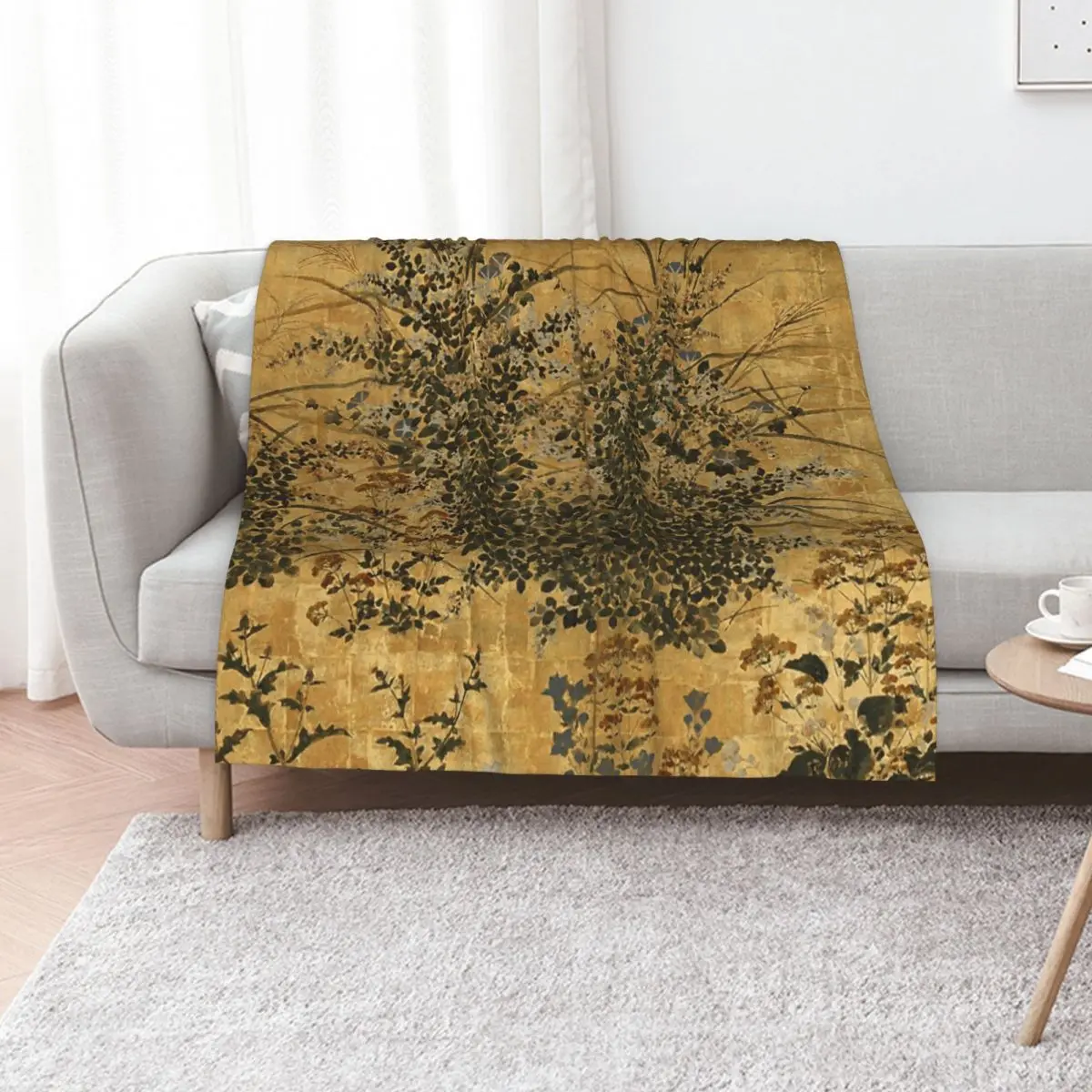 Vintage Japanese Floral Gold Leaf Screen With Morning Glory Throw Blanket Decorative Beds Flannel Fabric Beach Blankets