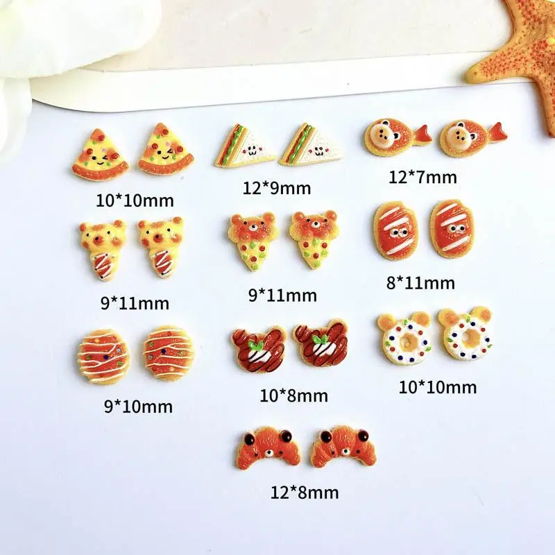 50Pcs 3D Resin Simulated Sandwich Pizza Nail Charms Cute Bear Shaped Croissant for DIY Nail Art Decorations Cream Glue Crafts