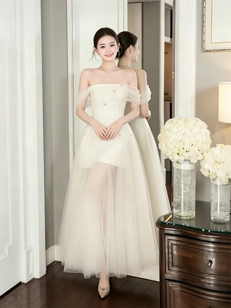 

Elegant Gentle Wind One-Shoulder Mesh Dress Women's High-End Fashion Personality Lady Evening Gown Long Dress for Party