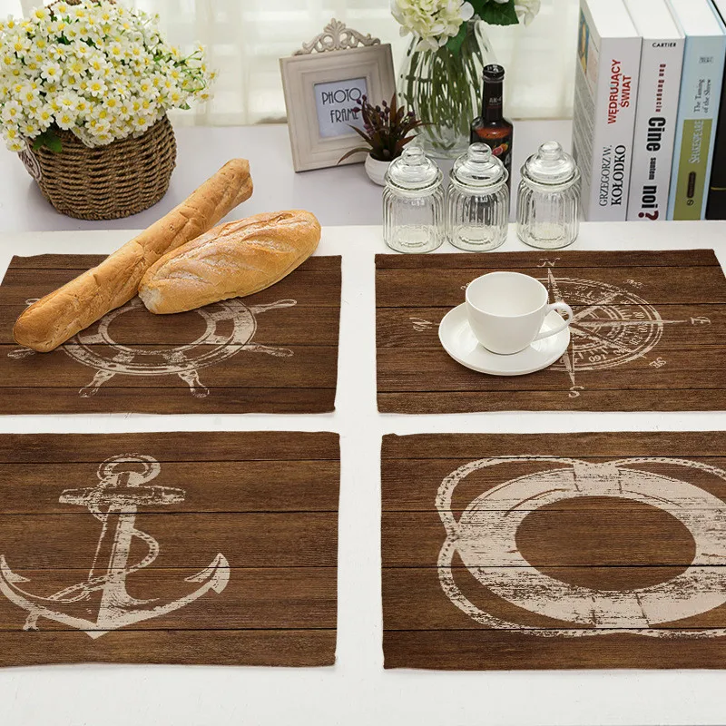 45*32cm Nautical Anchor Kitchen Decor Boho Placemat Coaster Cotton Linen place mat Pad Dish Coffee Cup dinner Table cloth Mats