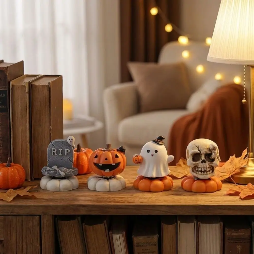 Gothic Style Rotating Pumpkin Ghost Ornament Resin Rotating Ghost Pumpkin Skull Figurine Spooky Cute Tombstone Shaped Ornament