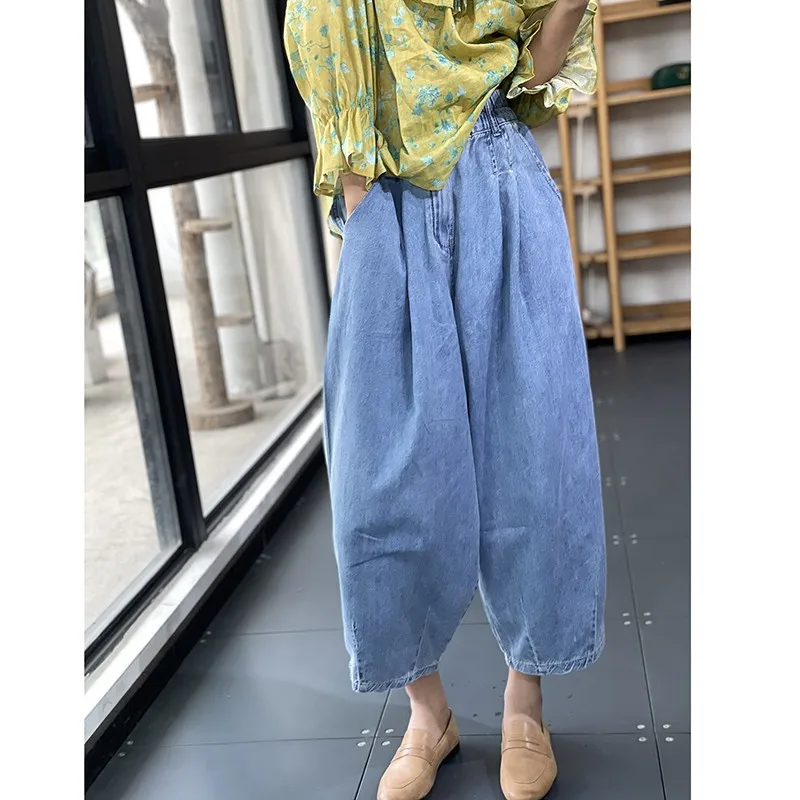 

2023 New Spring Autumn Women Elastic Waist Loose Casual Cotton Denim Ankle-length Pants Vintage Blue Wide Leg Jeans P286