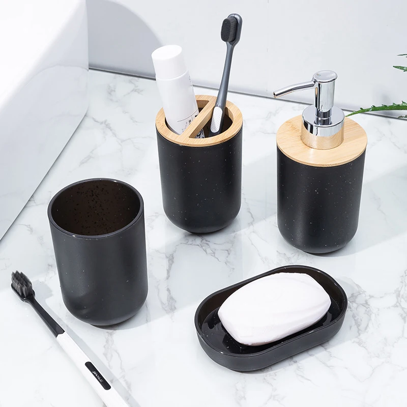 1Pc Black Bathroom Accessories Plastic Toothbrush Holder With Bamboo Cover Toothbrush Cup Lotion Dispenser Soap Box