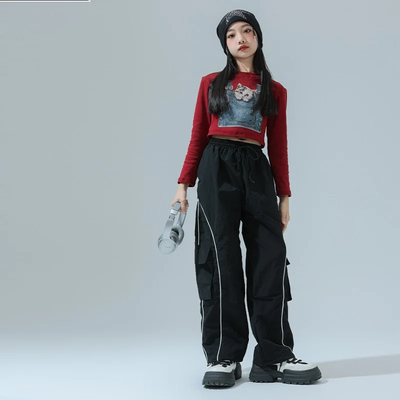 1pc American HIP HOP jazz dance 2025 spring teens tracksuit Girls cloth cat t-shirt or long wide leg cargo pant Kid 8 10 12 year