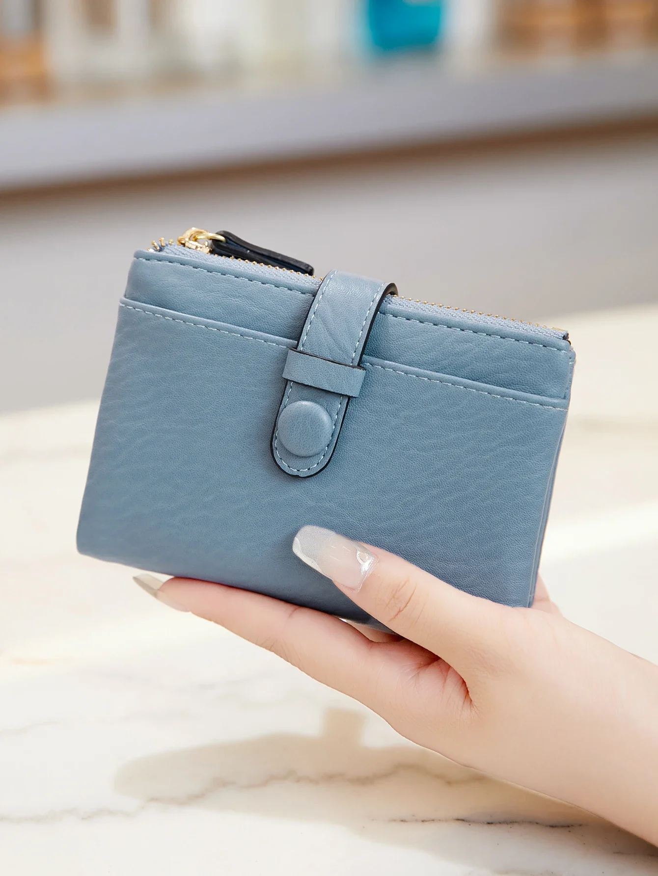 

Multi functional women's small soft PU leather wallet, solid color compact card bag with double zipper pockets