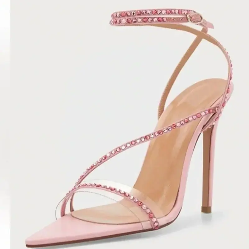 

Elegant Crystal Cross Straps Pointed Toe Female Sandals Pink Beige Leather Cutouts Clear PVC Patchwork Formal Banquet Shoes