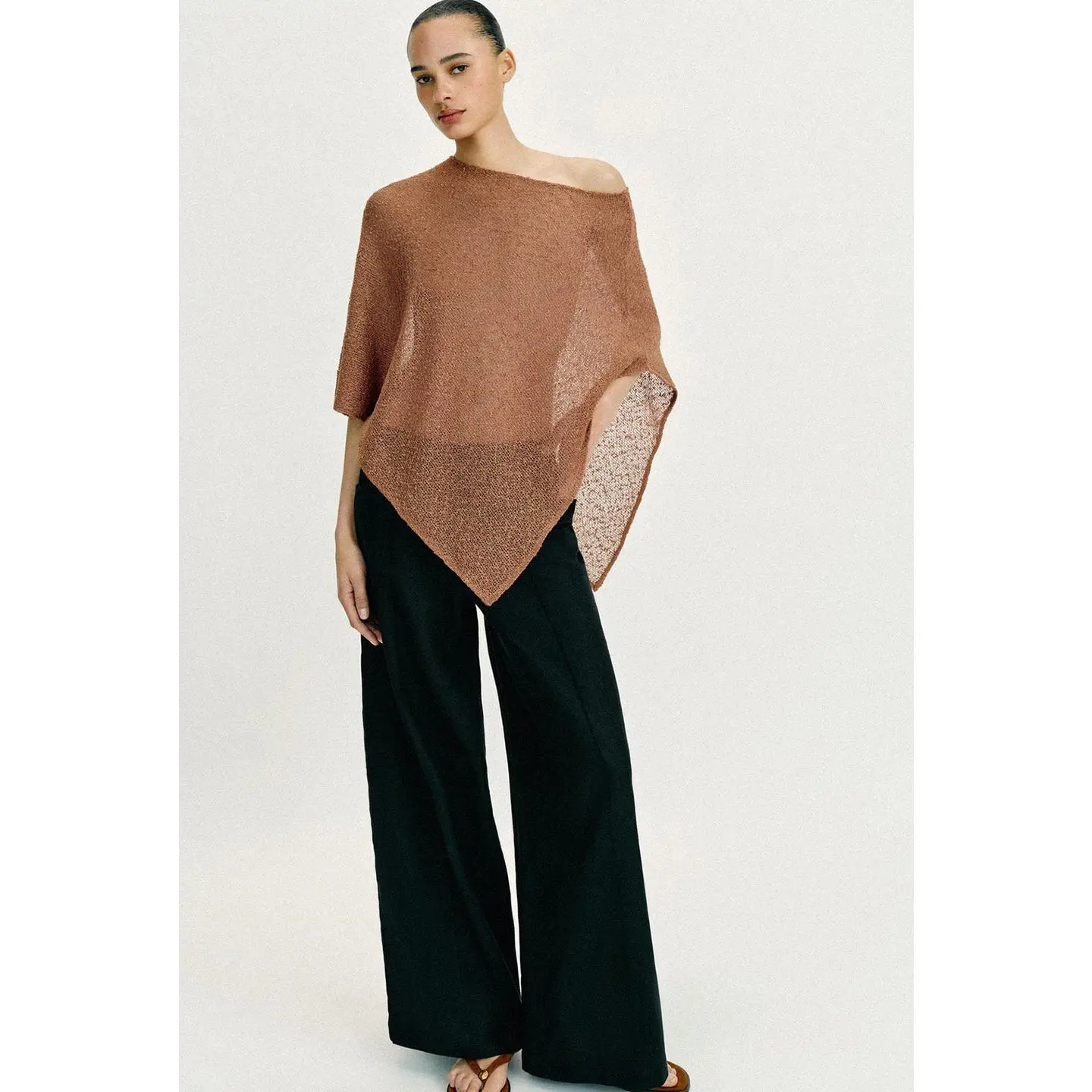 Spring Summer New Women's One-Shoulder Asymmetric Hem Metal Color Thread Decoration Cowl Neck Coat Casual Loose Polyester