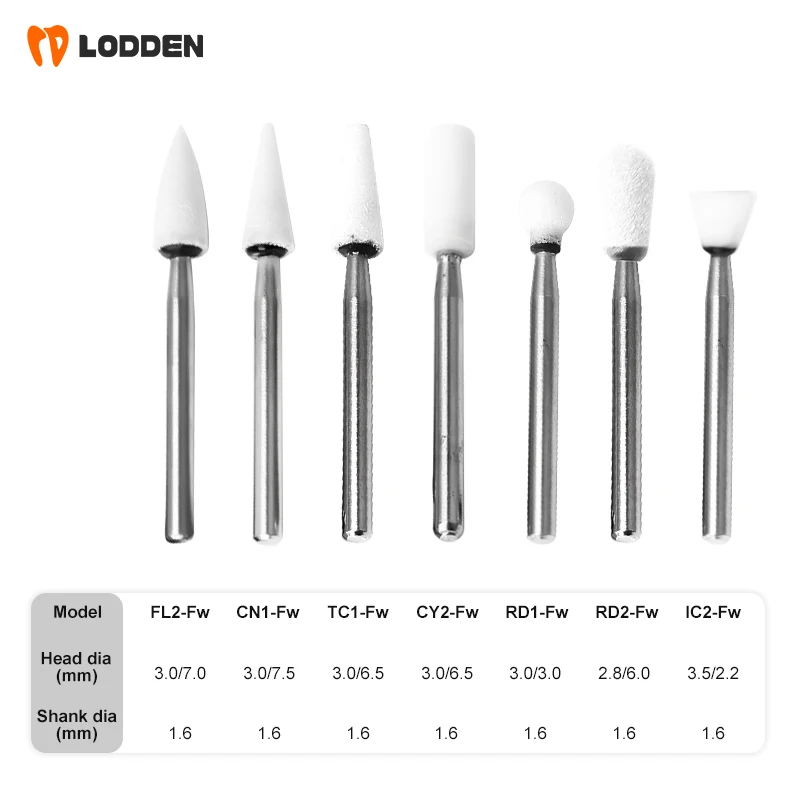 LODDEN 5pcs White Stone Dental Polishing Burs Cone/Flame/Round Shape Abrasion Drills FG for Polishing Filling Composite Tools