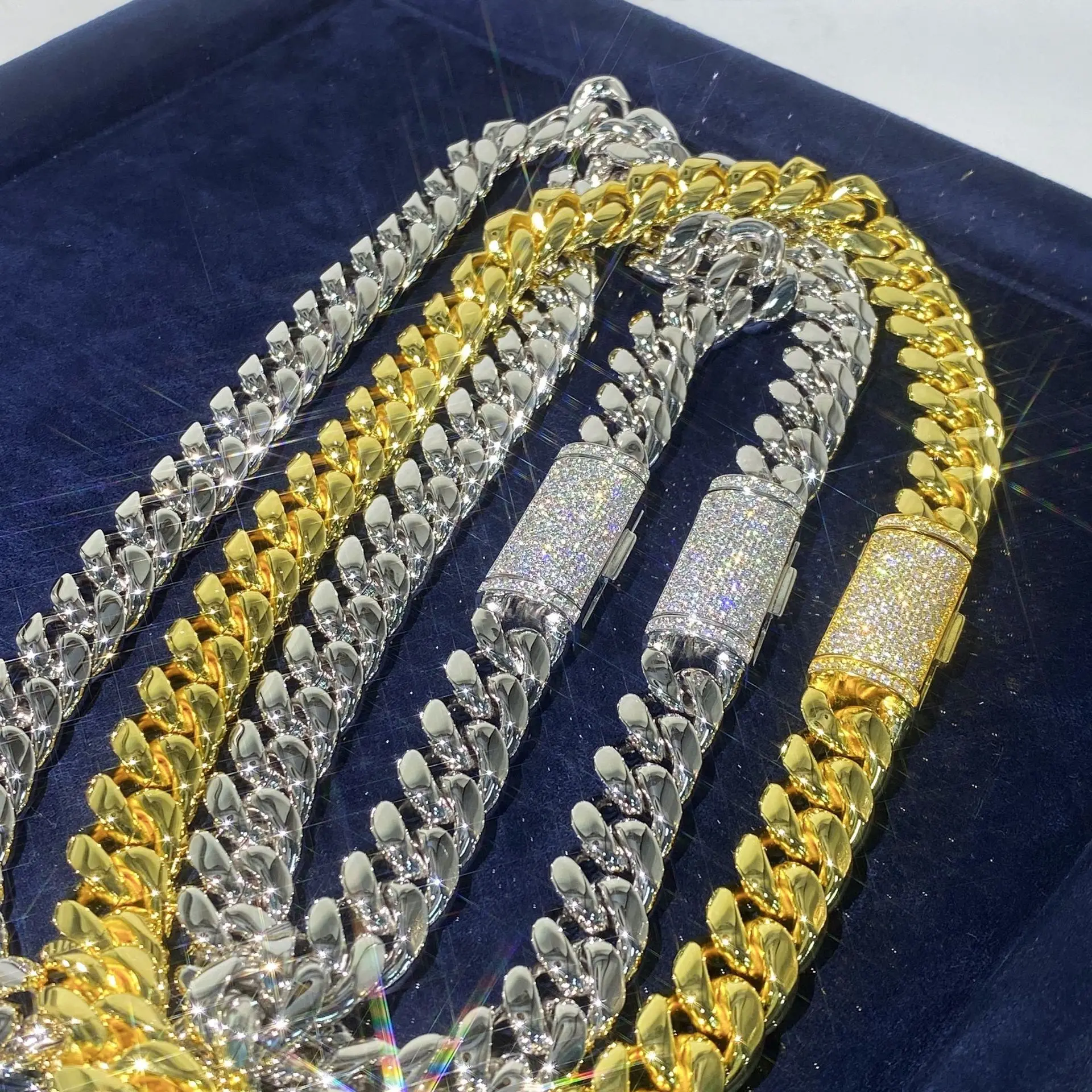 

Stock Thick 8 10MM s925 Sterling silver bling VVS moissanite diamonds open buckle gold steel Miami cuban chains