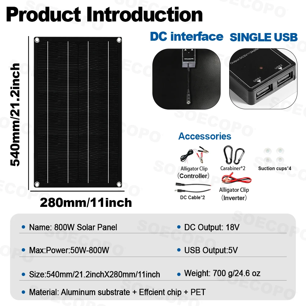 SOECOPO 20000W Compleet Zonnesysteem voor Thuis, Inclusief 800W Paneel, Dual-Voltage Inverter (2 Aansluitingen), 100A Regelaar - Afbeelding 2