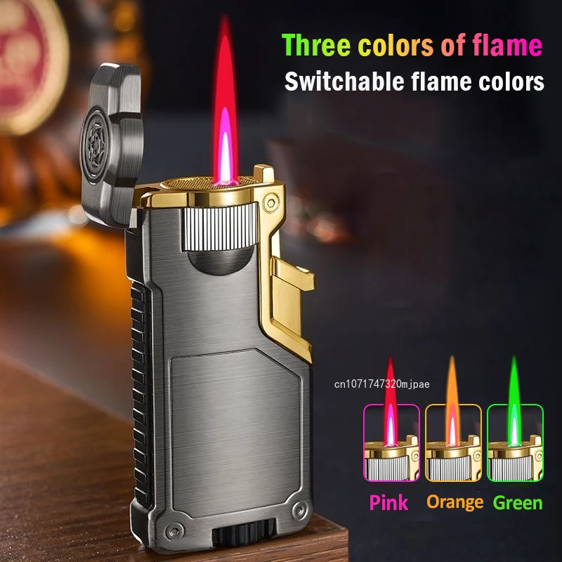 High End Tri Color Flame Metal Inflatable Windproof Direct Fire Lighter for Business Men Selected As A Gift for Friends