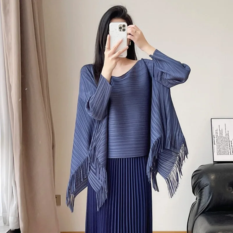  Pleated T-Shirt 2026 Summer New Simple Casual Long Sleeve Loose Fringe Edge Top Fashion Stretch Women's No-Iron Clothing