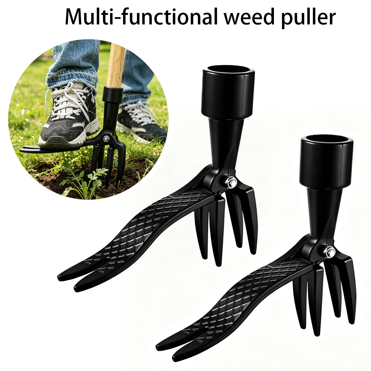 Multifunctional Stand-Up Weeder Head – Root Removal Tool with Foot Pedal (Manual Gardening Tool with 4 Metal Claws)