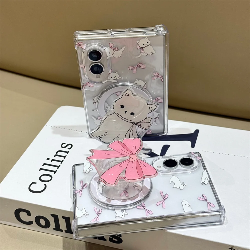 Fashion Cute cat Magnetic Stand Phone Case For Samsung Galaxy Z Fold 8 Ultra 7 6 5 4 Girls Folding with Chain Protective Cover