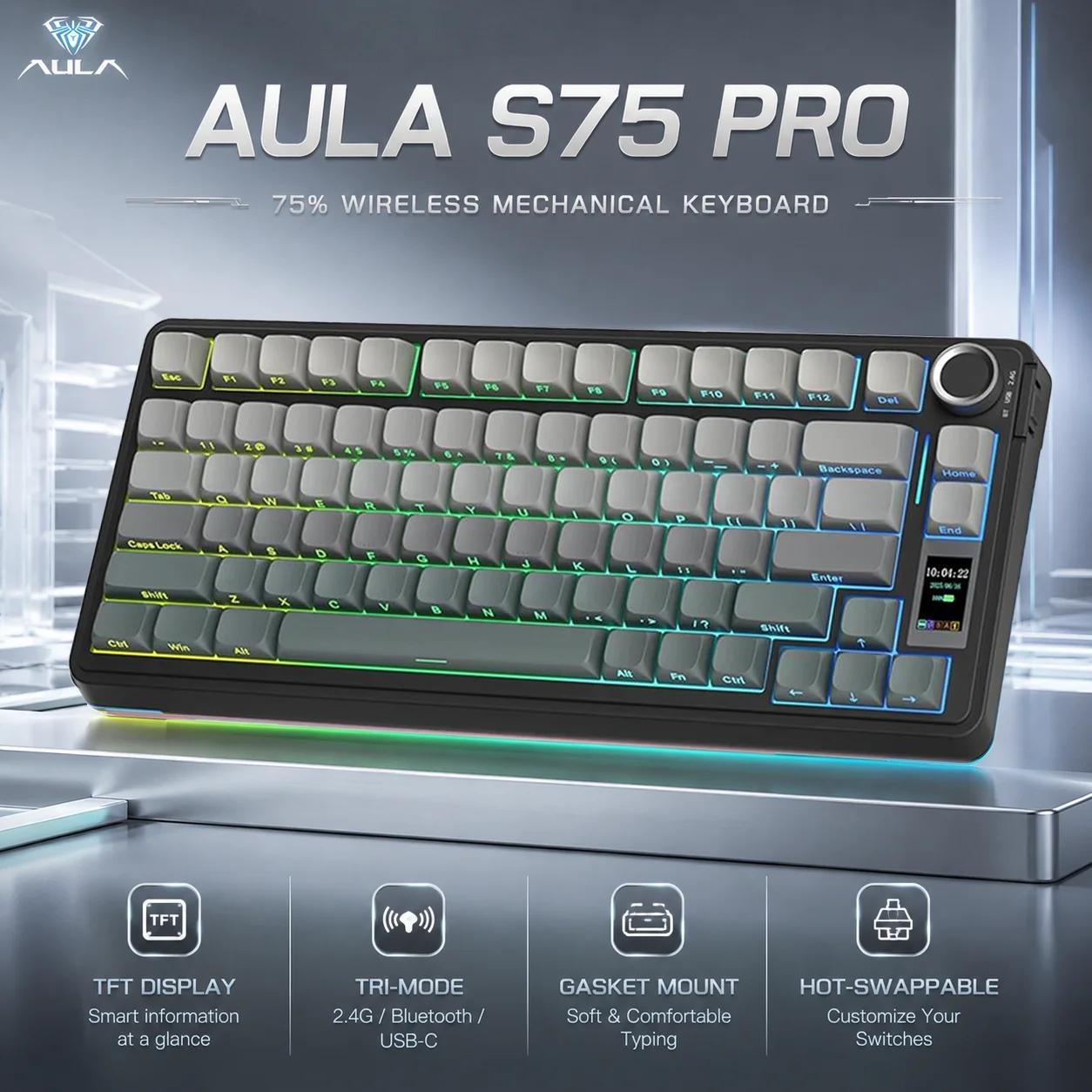 AULA S75 Pro Tri‑Mode Mechanical Keyboard 75% 80Keys Hot‑swap Gasket Mount with LCD Screen Knob PBT RGB 4000mAh