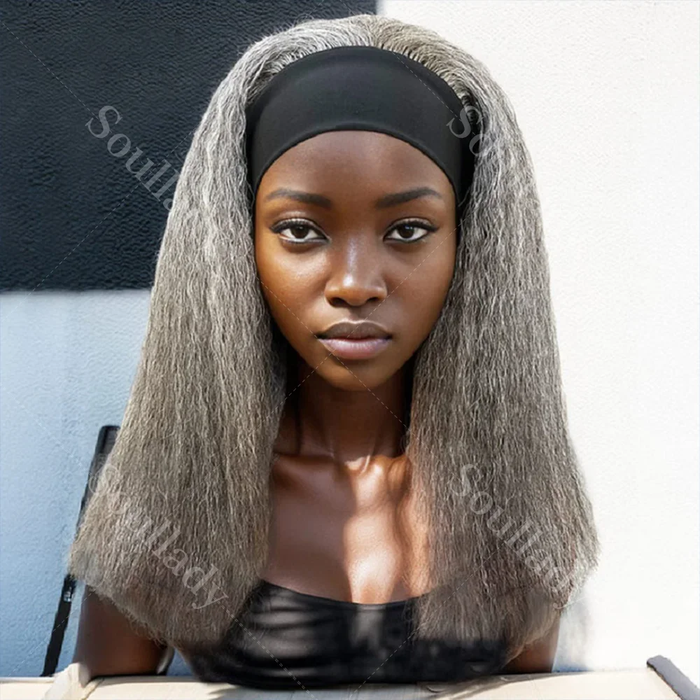 

Soul Lady Glueless Salt & Pepper Wigs Grey Kinky Straight Human Hair Wear To Go Headband Wigs