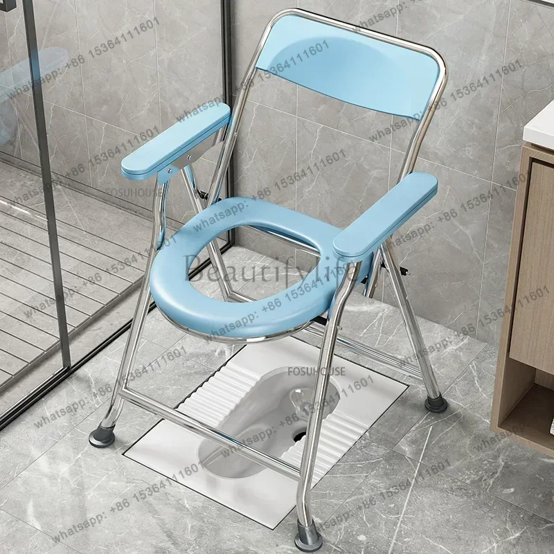 Stainless Steel Folding Toilet Chair for Elderly Pregnant Women Disabled Patient Squatty Potty Chair with Armrest Bathroom Chair