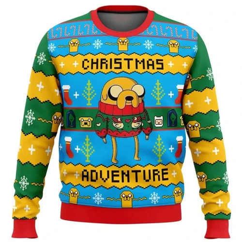 Navidad Adventure Time Sudadera navideña fea con cuello redondo para hombre, suave, cómoda, elegante, holgada, manga larga grande, Otoño Invierno